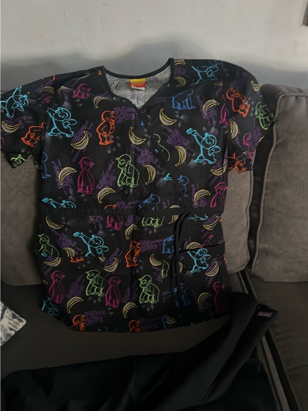 Black Neon Monkey Print Scrub Top